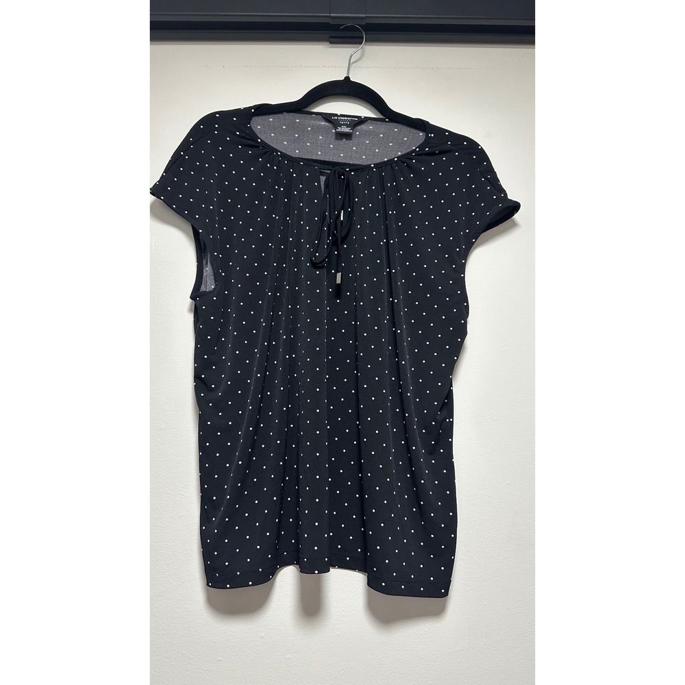 Liz Claiborne Career Petite Polka Dot Blouse Black White Keyhole Tie PXL